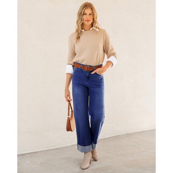 Wide Leg Denim Jeans Women High Waisted Cuffed Stretchy Casual Pants - Picture 5 of 6